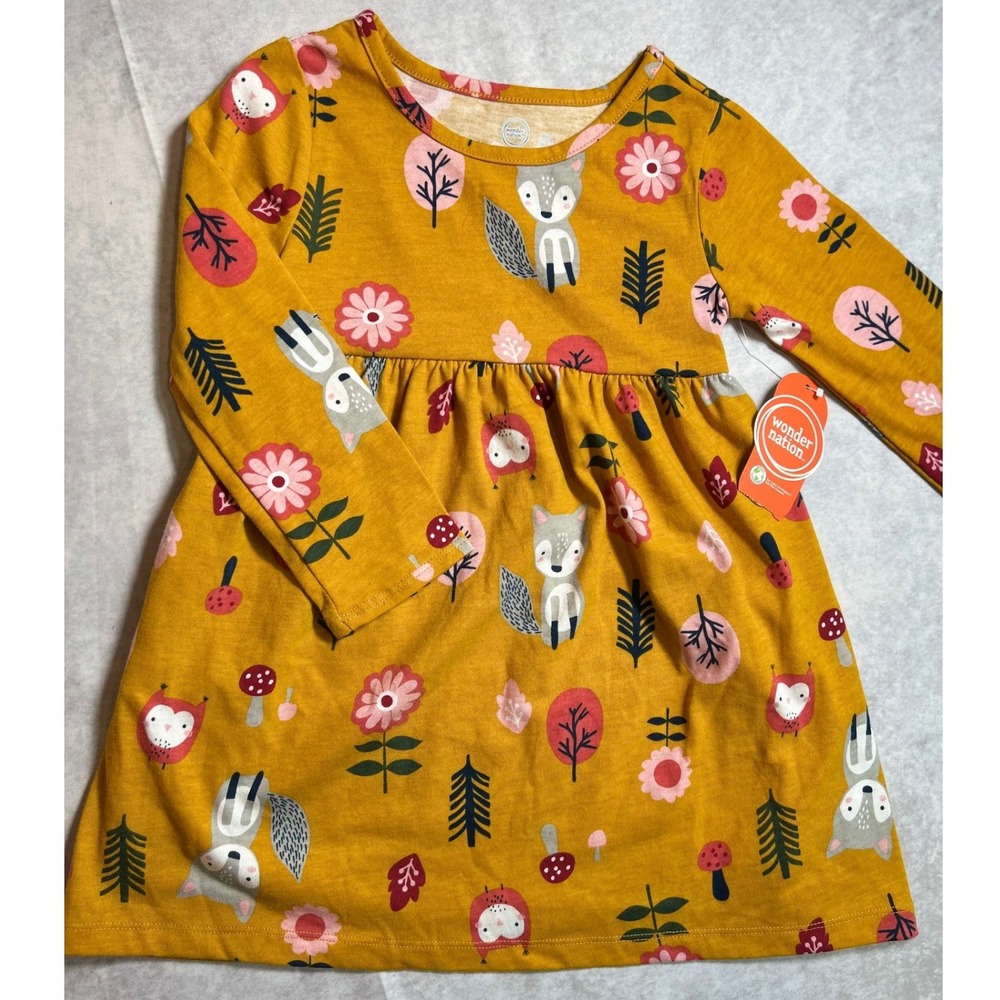 Wonder Nation Toddler Girls Yellow Woodland Fox Owl Knit Dress 3T Cottagecore